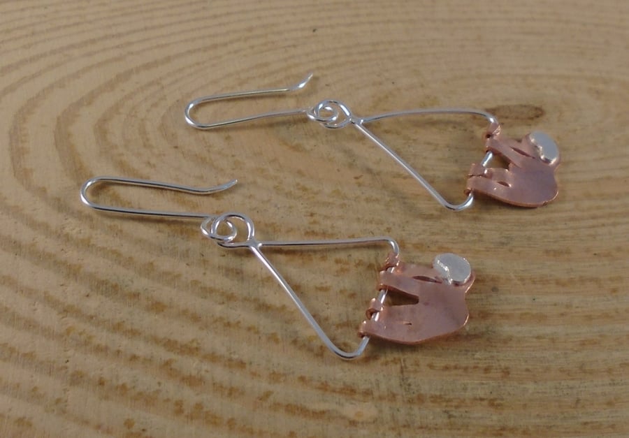 Sterling Silver and Copper Sloth Earrings