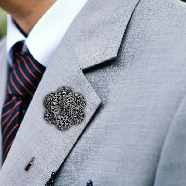 Flower Lapel Pin, Black and White, Wedding Buttonhole, Fabric Flower