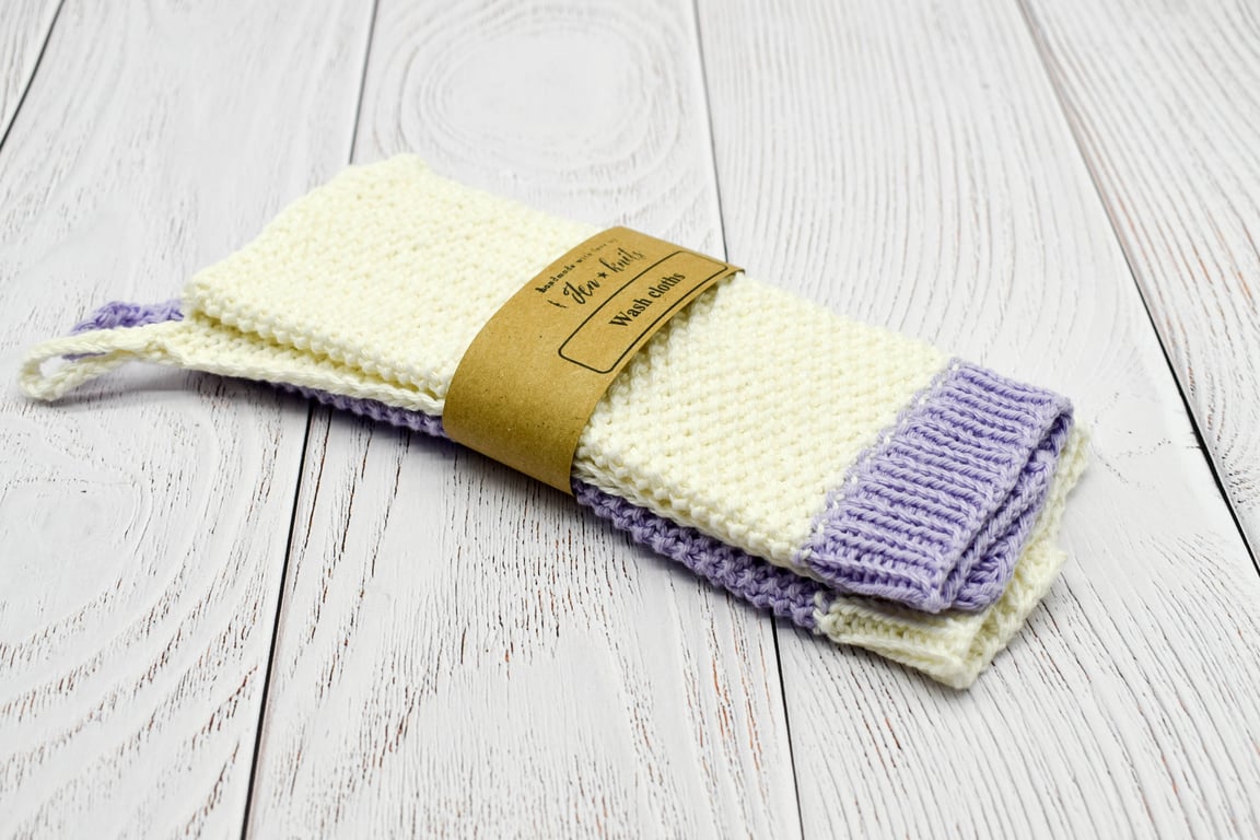 Hand knitted cotton wash cloths - 2 pack - L - white and purple