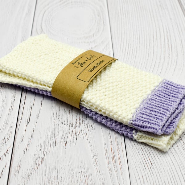 Hand knitted cotton wash cloths - 2 pack - L - white and purple