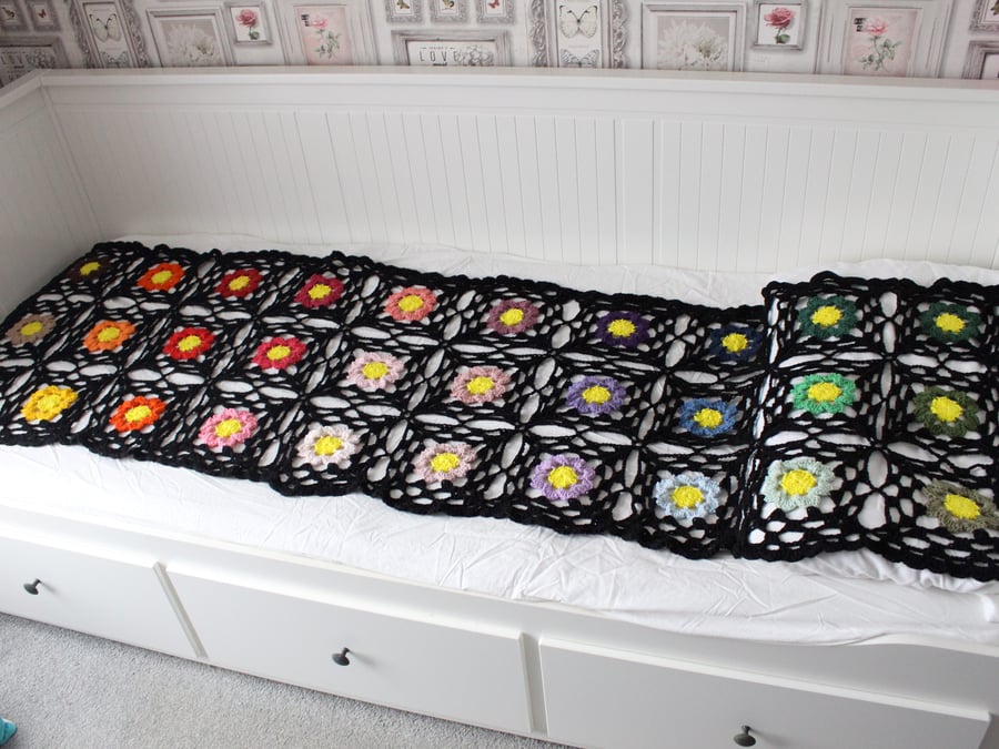 Crochet cotton throw blanket in black and multi-colours - one-of-a-kind
