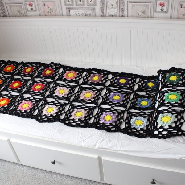 Crochet cotton throw blanket in black and multi-colours - one-of-a-kind