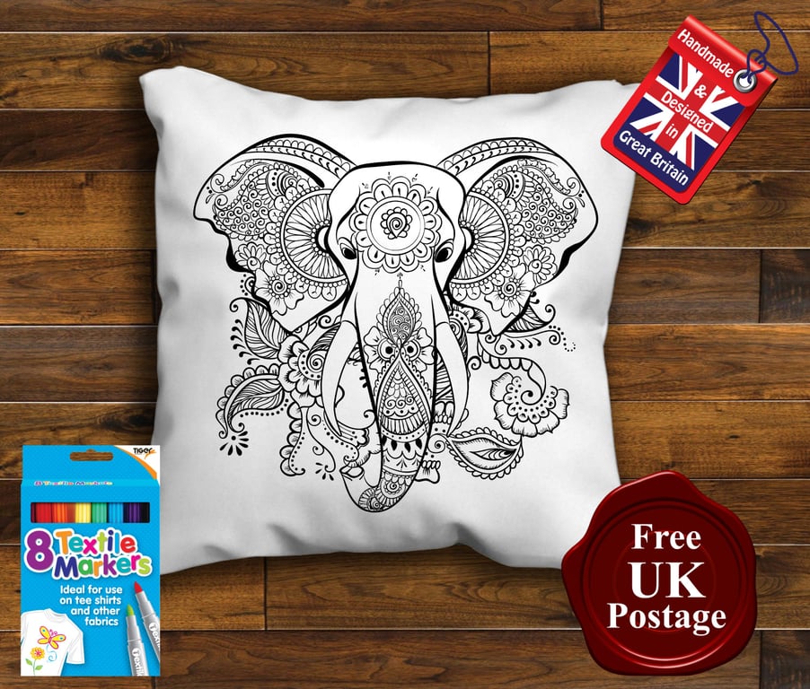 Elephant Colouring Cushion Cover, With or Without Fabric Pens Choose Your Size
