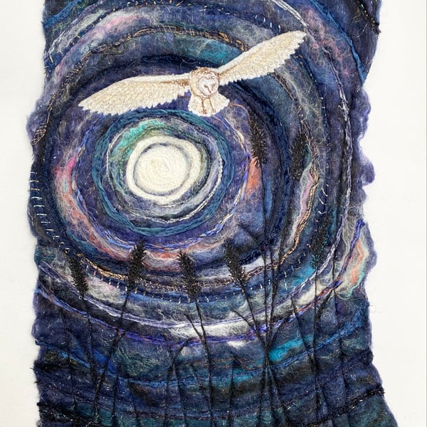 Flying barn owl, full moonlight landscape. 