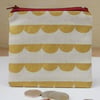 Gold Scallop Fabric Coin Purse, Small Fabric Pouch in Gold Printed Linen Cotton