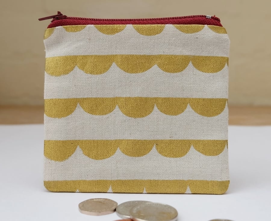 Gold Scallop Fabric Coin Purse, Small Fabric Pouch in Gold Printed Linen Cotton