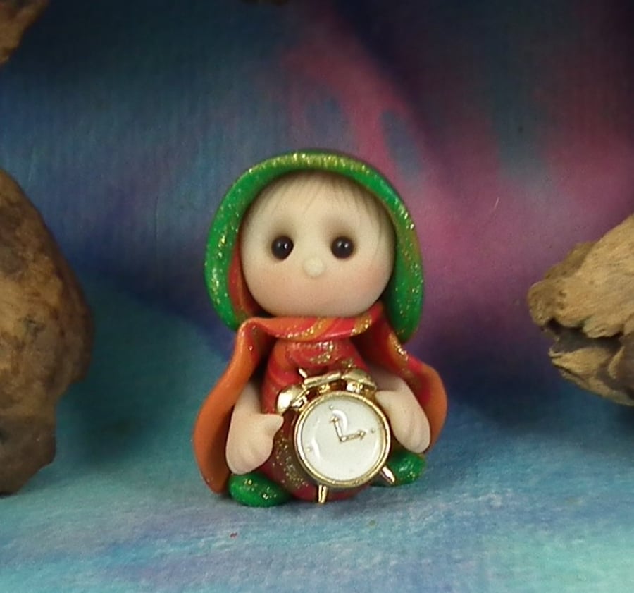 Season's Special Tiny Timekeeper Gnome 'Flick' with wired clock OOAK Sculpt