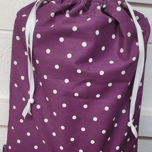 100% cotton laundry bag - purple with white spots. Made in UK