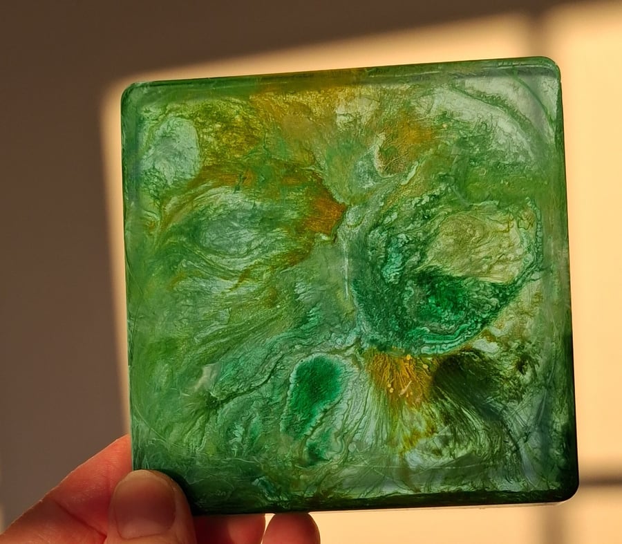 Handmade epoxy resin square coaster. Green, blue, yellow