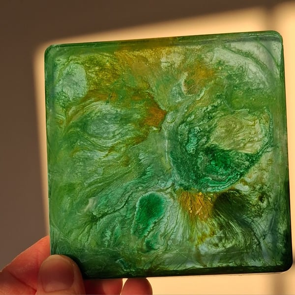 Handmade epoxy resin square coaster. Green, blue, yellow