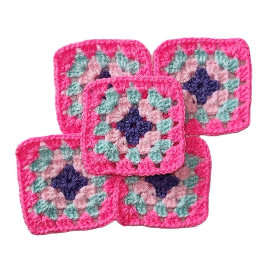 Handmade Crochet Granny Squares Blush Lagoon Whisper Colorway, 3 inch