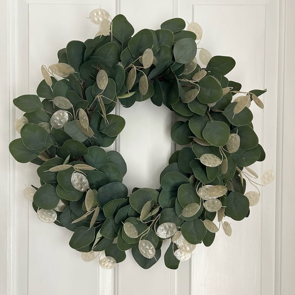 Eucalyptus Year-Round Wreath for Front Door with Faux Eucalyptus and Honesty