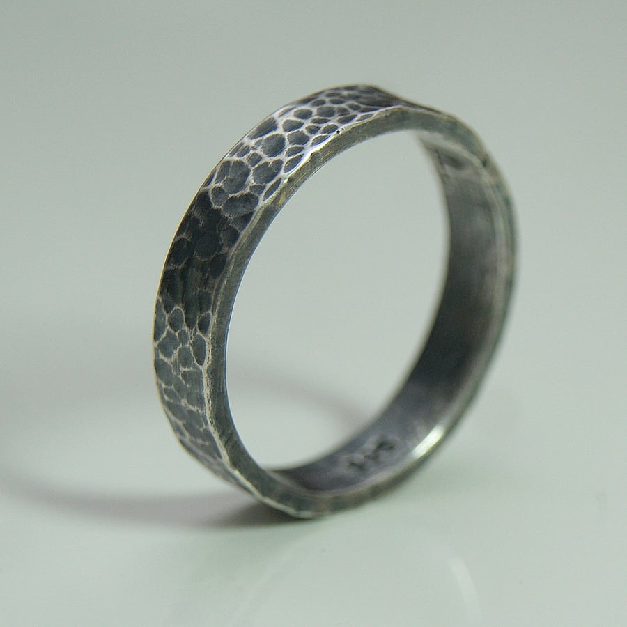Oxidised sterling silver ring band, Hammered silver wedding ring