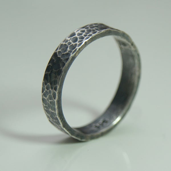 Oxidised sterling silver ring band, Hammered silver wedding ring