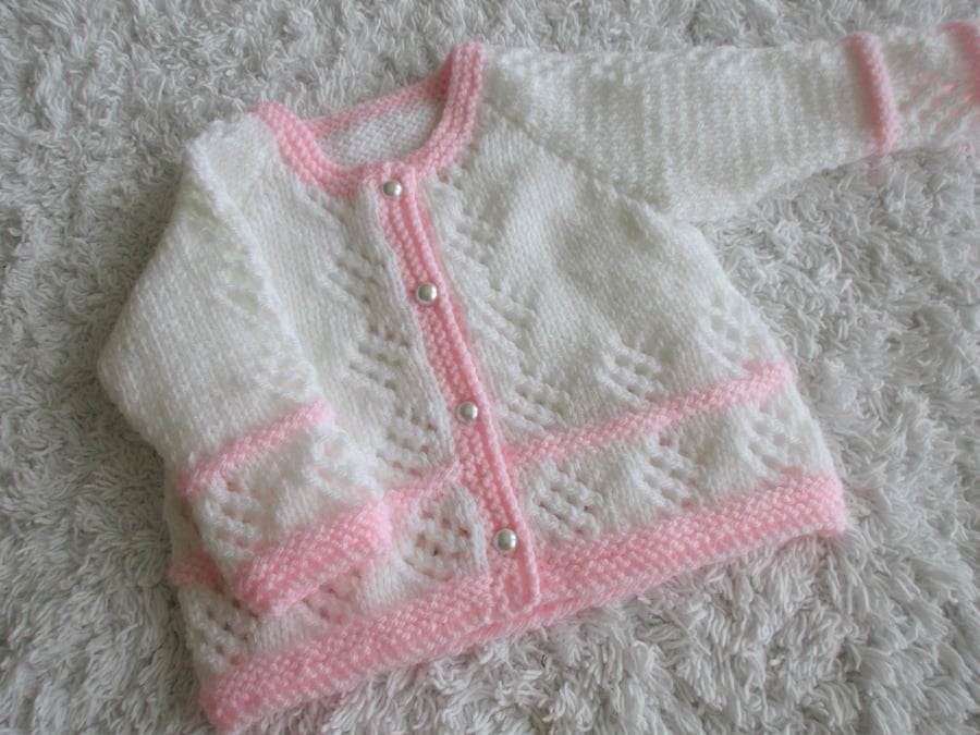 14" White &  Pink Round Neck Baby Cardigan