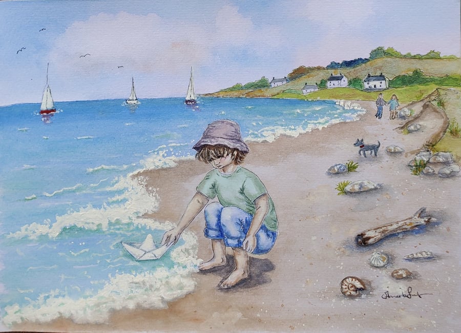 The Boy And The Paper Boat - Nostalgic Seaside Coastal Print A4 300gsm