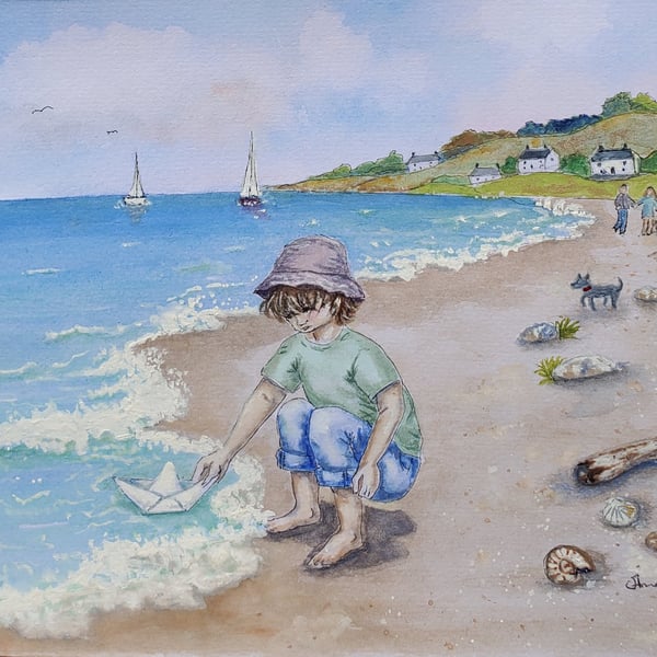 The Boy And The Paper Boat - Nostalgic Seaside Coastal Print A4 300gsm