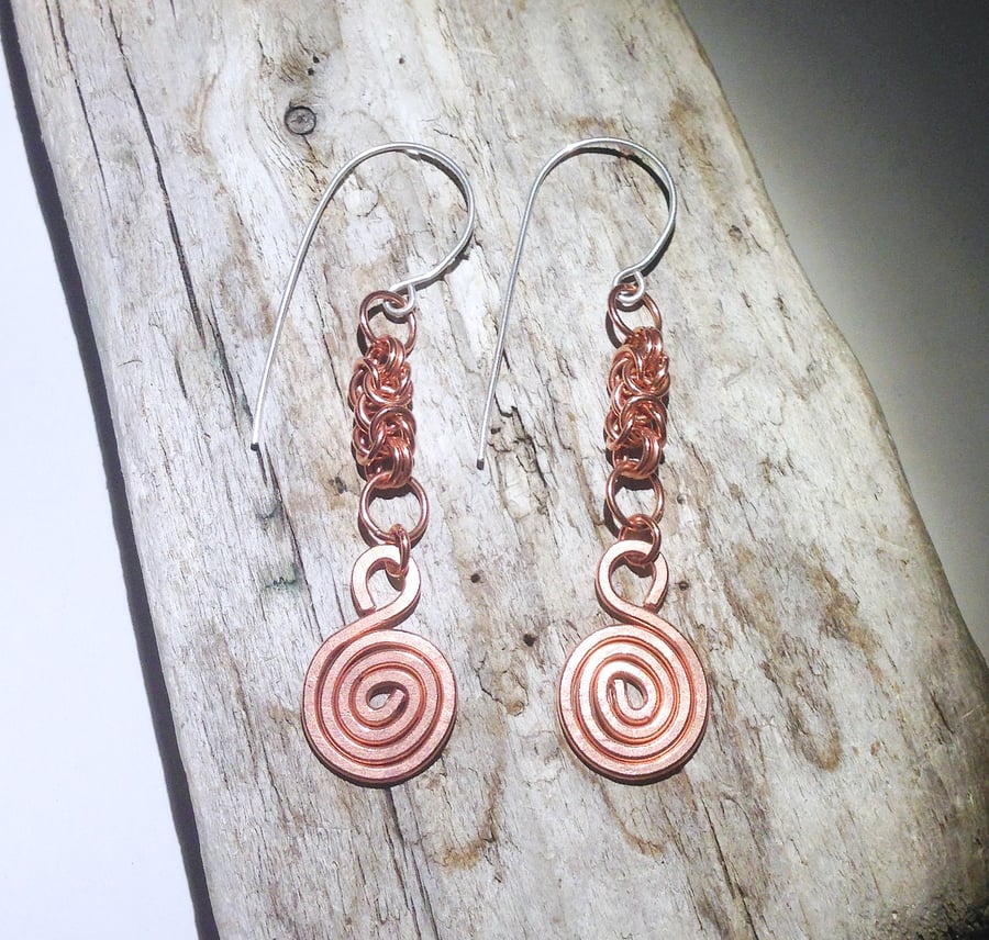 Copper Byzantine Spiral Earrings - UK Free Post