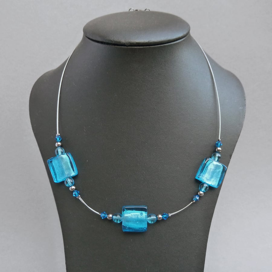 Turquoise Fused Glass Necklace - Aquamarine Necklace - Sea Blue Jewellery