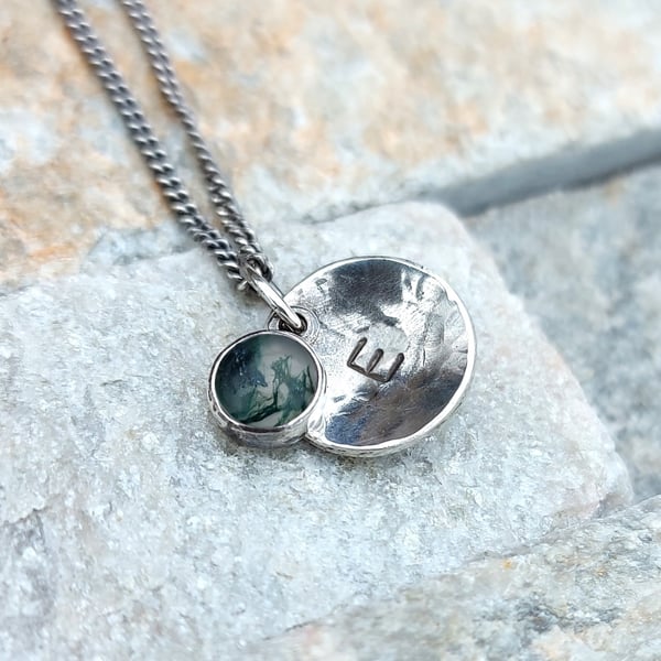 Tayside Moss Agate Personalised Handmade Scottish Hammered Domed Disc Necklace