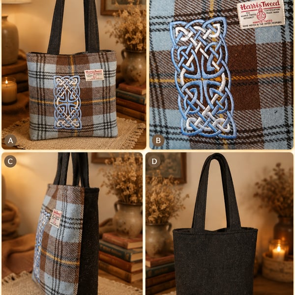 Harris Tweed Shaw Tartan Tote bag with embroidered Celtic knot 