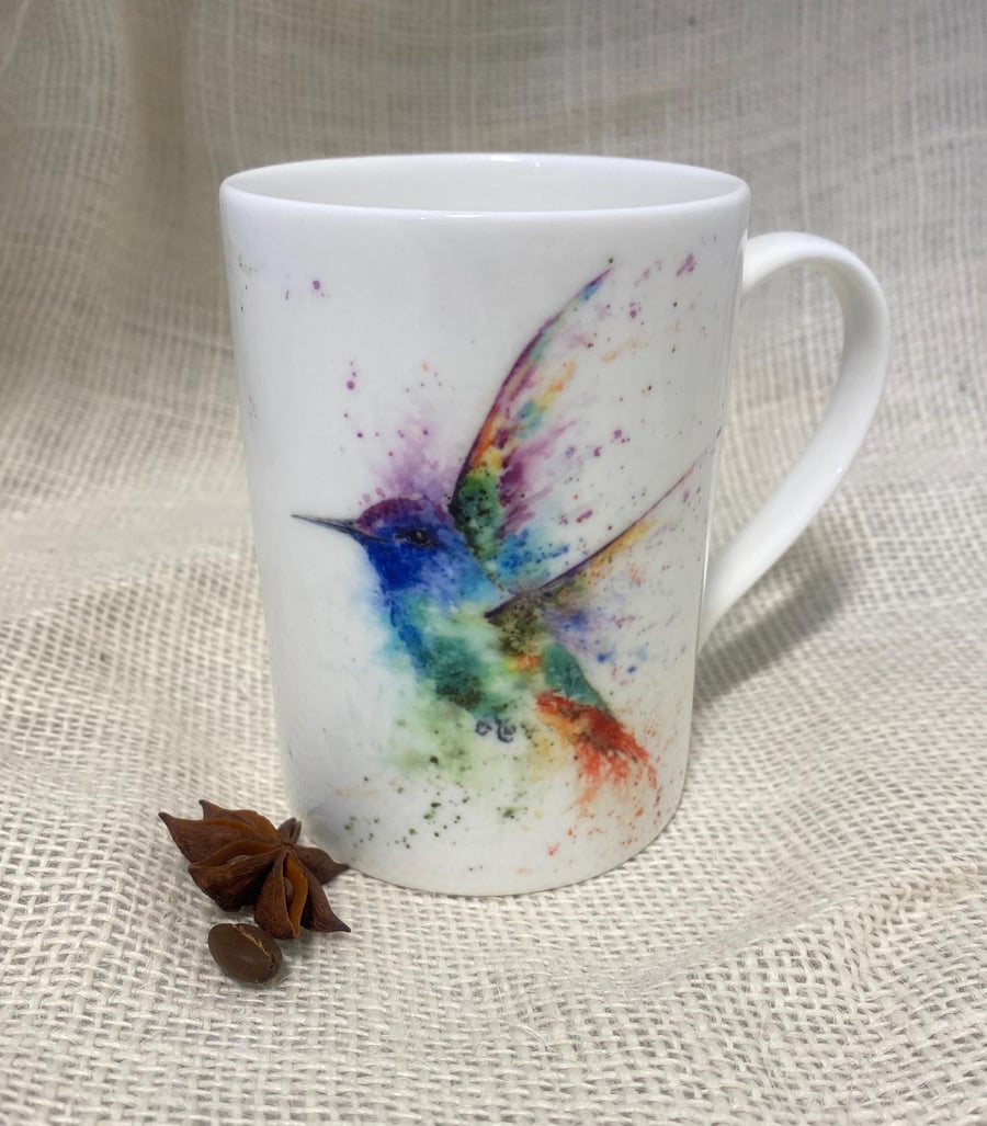 Sapphire Hummingbird Watercolour Bone China Mug, 10 oz Wildlife Art Mug 