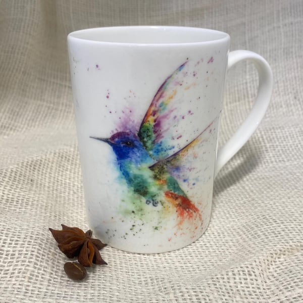 Sapphire Hummingbird Watercolour Bone China Mug, 10 oz Wildlife Art Mug 