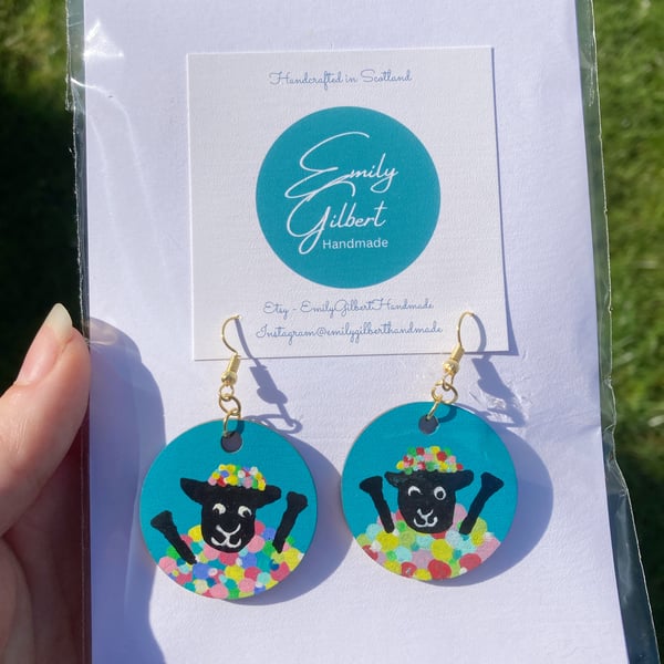 Teal & Pink Hand-Painted Wooden Lightweight Sheep Earrings, Made in Scotland 