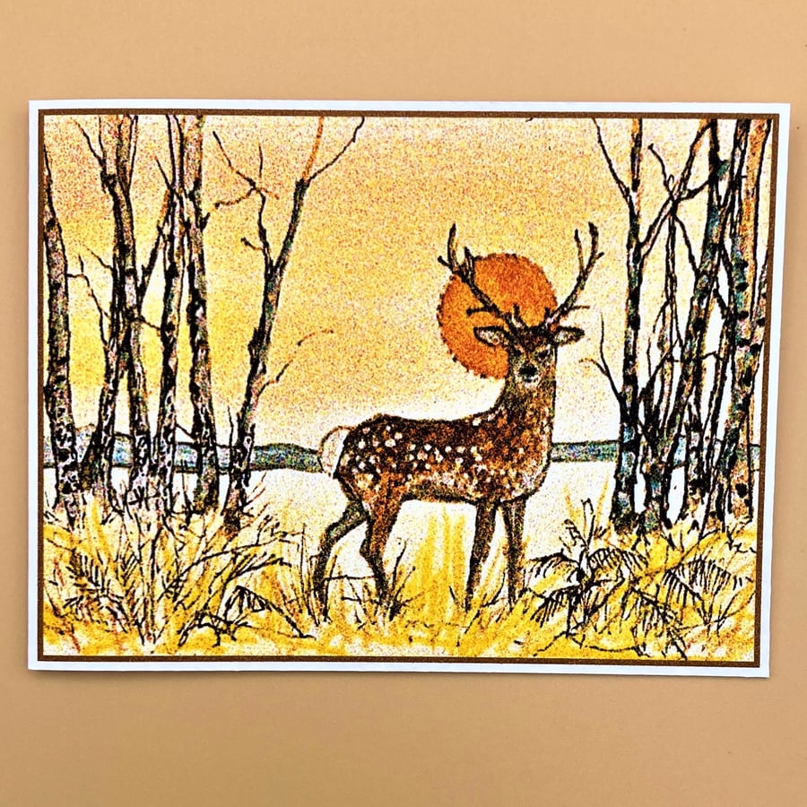 Greetings card, Fallow deer at sunset, landscape and trees, Blank, Solstice card