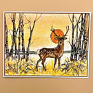 Greetings card, Fallow deer at sunset, landscape and trees, Blank, Solstice card