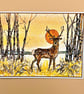 Greetings card, Fallow deer at sunset, landscape and trees, Blank, Solstice card