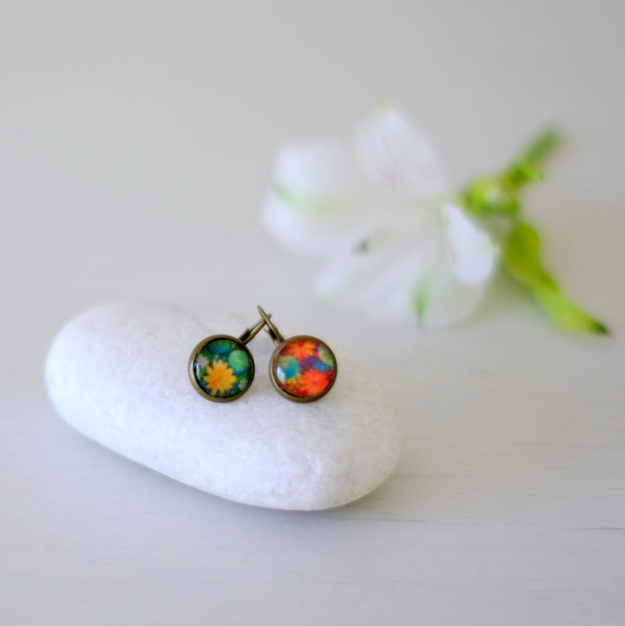 Mix and Match Glass Floral Earrings, Bronze Flowers Green Orange Earrings
