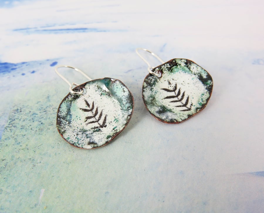 Enamel and Copper Turquoise, Green and White Unique Dangles Earrings with Leaf M