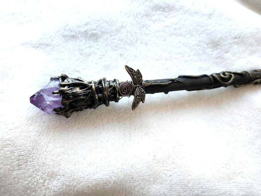 Natural Amethyst Crystal wand , handcrafted wooden wand, Witchcraft gifts, Alter