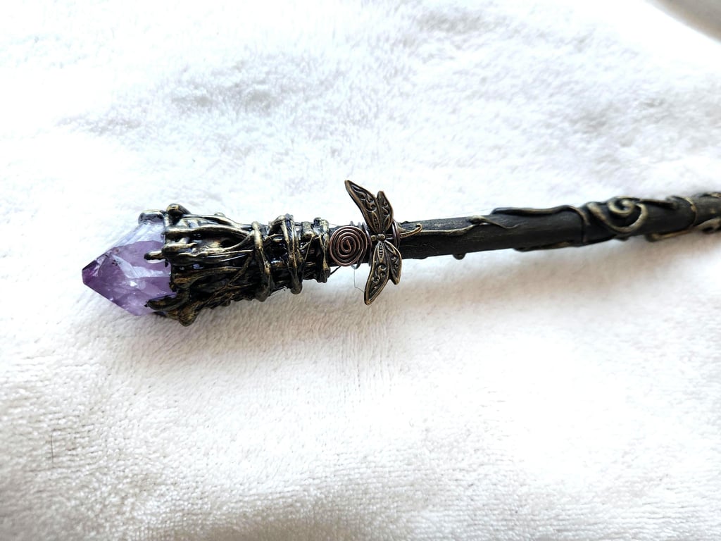 Natural Amethyst Crystal wand , handcrafted wooden wand, Witchcraft gifts, Alter