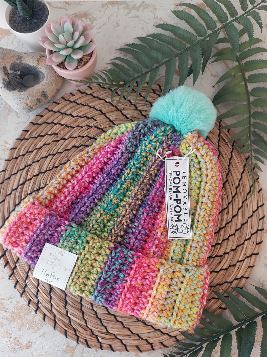 Crochet Hat Beanie Faux Fur Pompom Chunky Rainbow Yarn