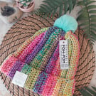 Crochet Hat Beanie Faux Fur Pompom Chunky Rainbow Yarn