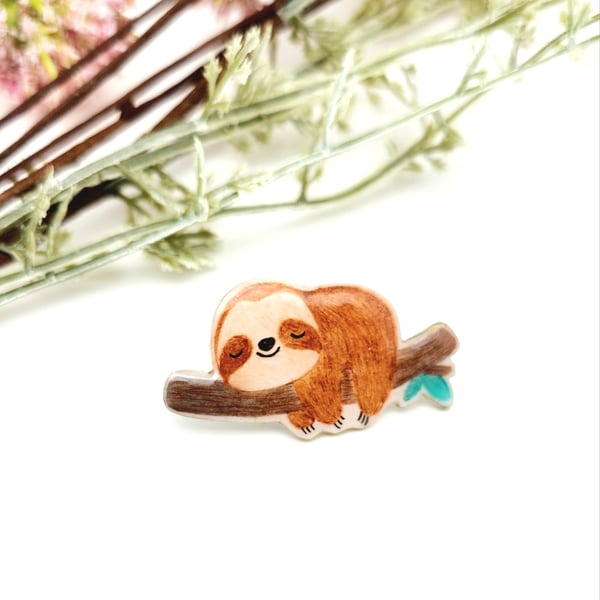 Brooch, Pin, Handmade Lovely Sloth Pin, Shrink Plastic Pin