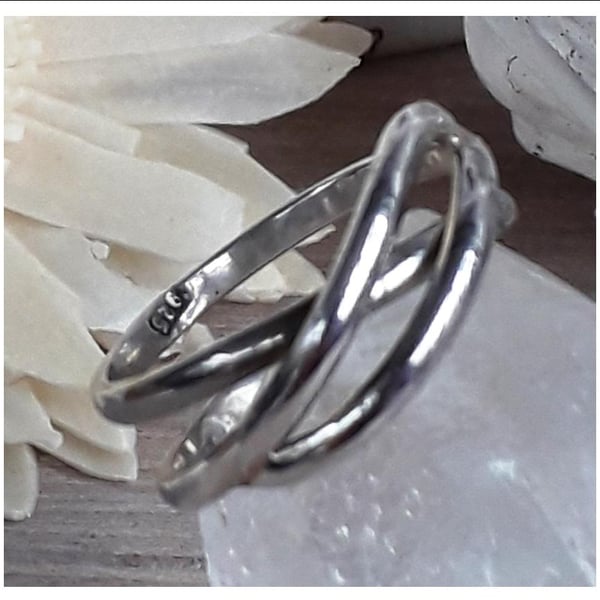 Silver Ring size V , double band crossover ring , sterling silver 