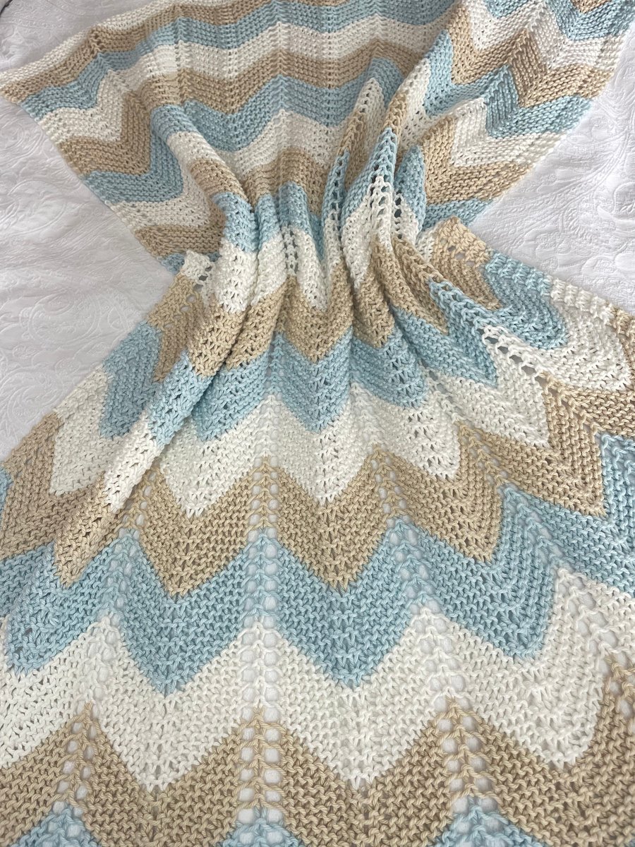 Blue, cream and beige striped baby blanket in 100% cotton 