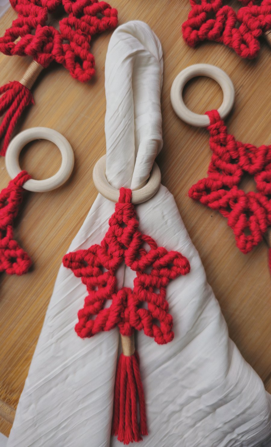 Handmade Red Macrame Star Napkin Ring – Christmas Table Decor