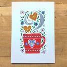 folk art painting with hearts and mug,  A5 original artwork 
