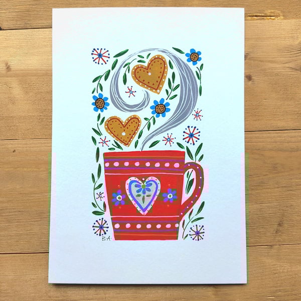 folk art painting with hearts and mug,  A5 original artwork 