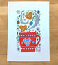 folk art painting with hearts and mug,  A5 original artwork 