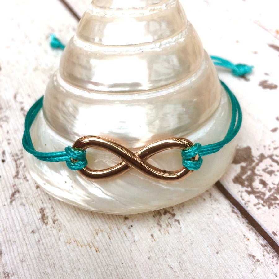 Infinity Bracelet, Rose gold Plated charm, cord bracelet, gift idea