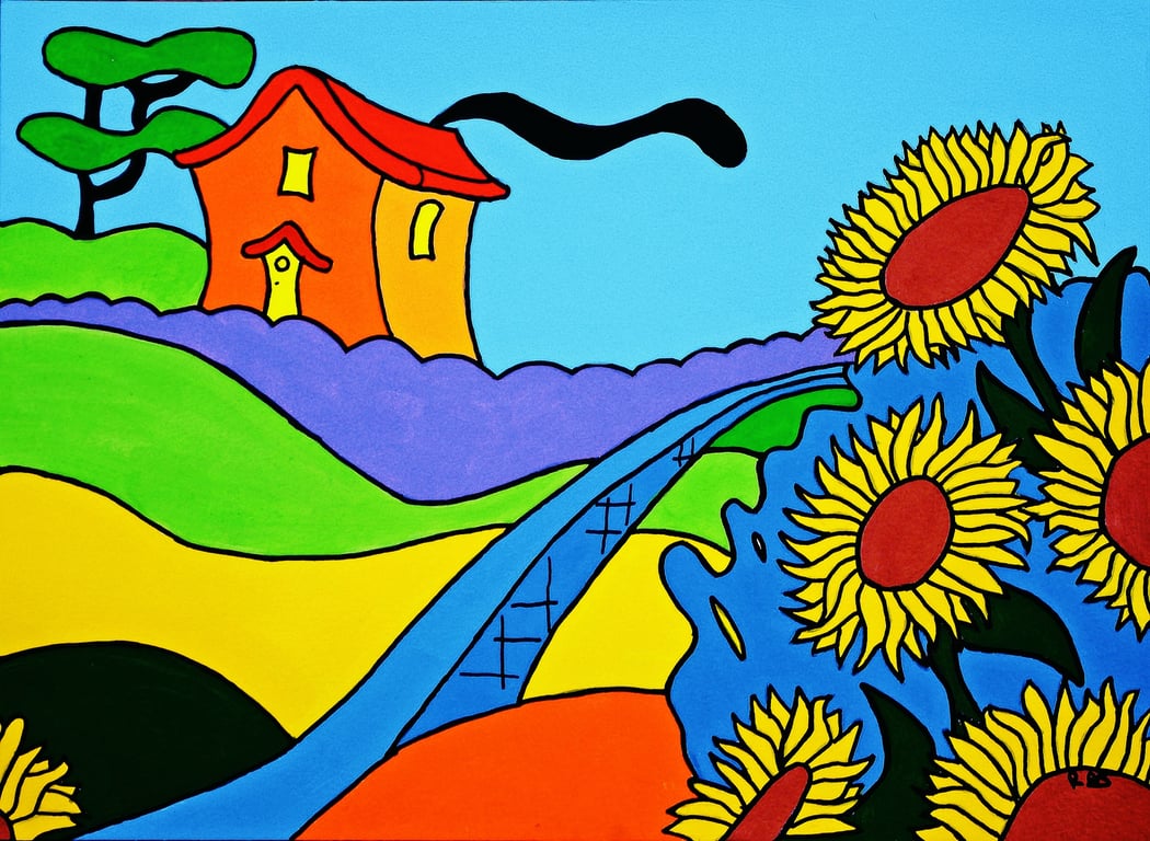 Sunflower Cottage colourful painting by Rob Soar