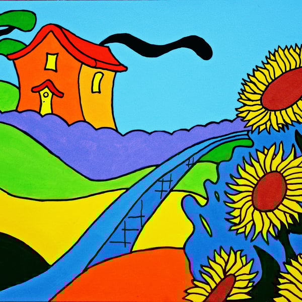 Sunflower Cottage colourful painting by Rob Soar