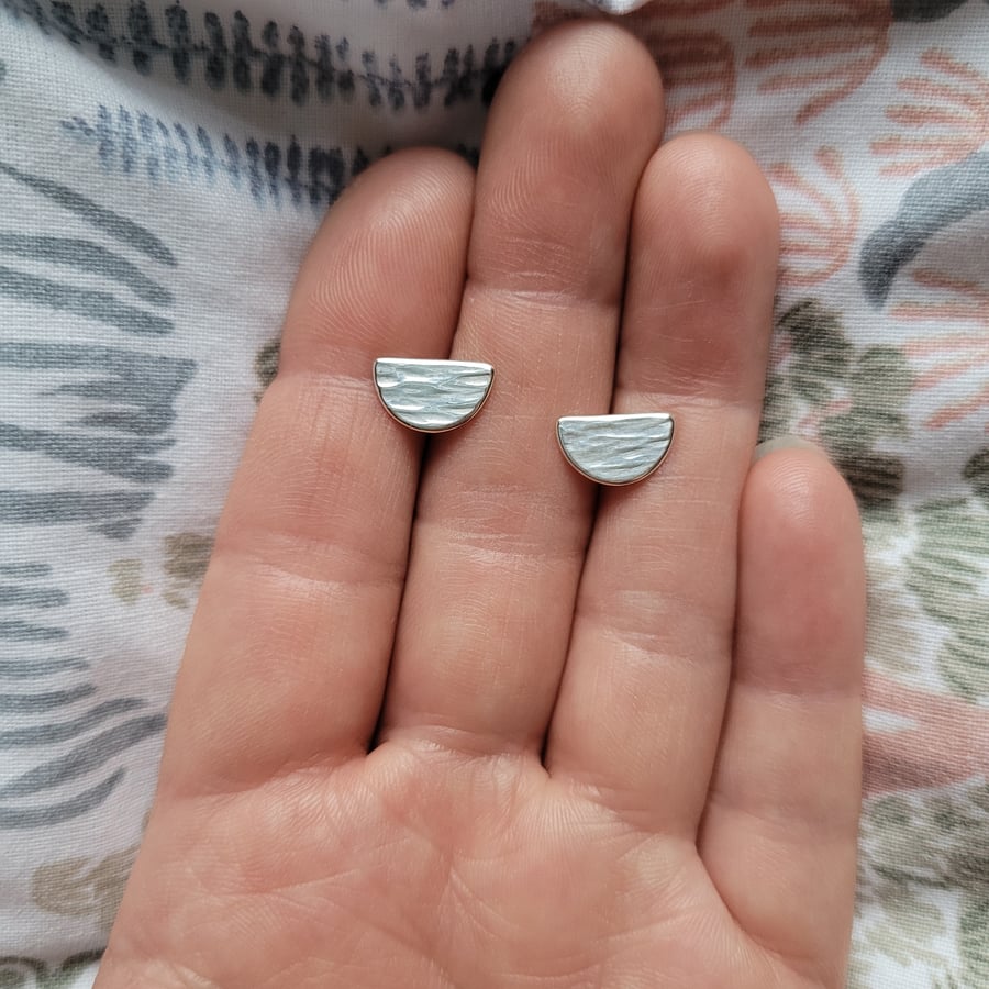 Wave Textured Recycled Sterling Silver Sem-Circle Stud Earrings