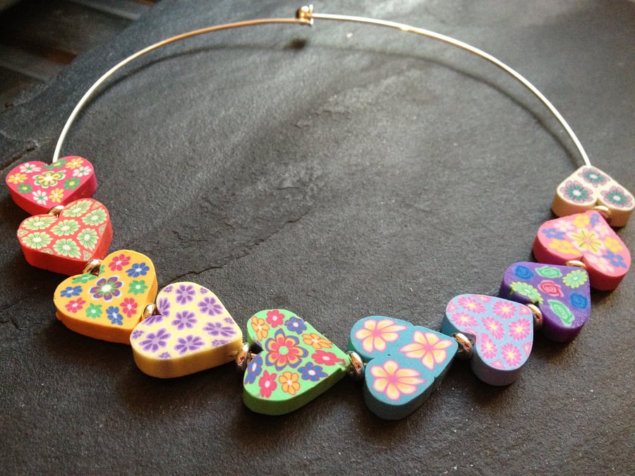 Large Rainbow Hearts Polymer Clay and Silver Plated Choker