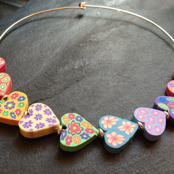 Large Rainbow Hearts Polymer Clay and Silver Plated Choker